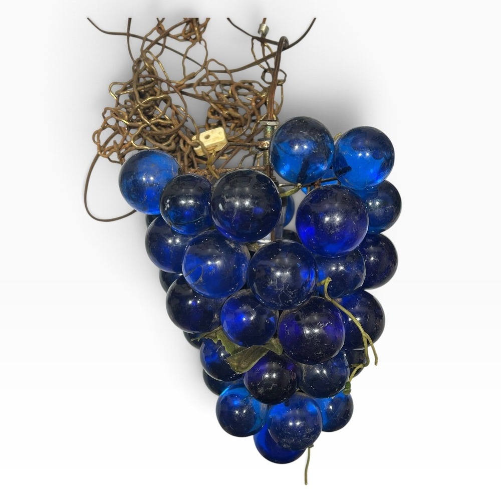 Vintage Mid Century Modern Cobalt Blue Lucite Grape Cluster Swag Hanging Light
